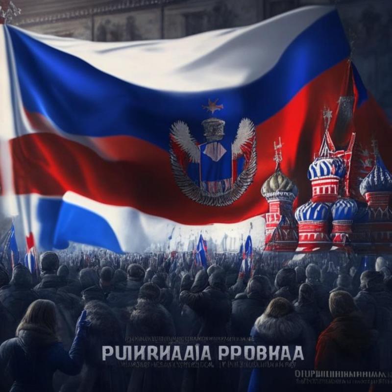 Рисунок нейросети с российским флагом, митингом и храмом белого, синего и красного цветов