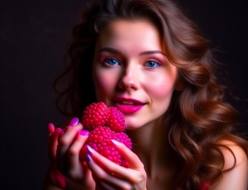 Девушка с длинными волосами держит ягоды малины