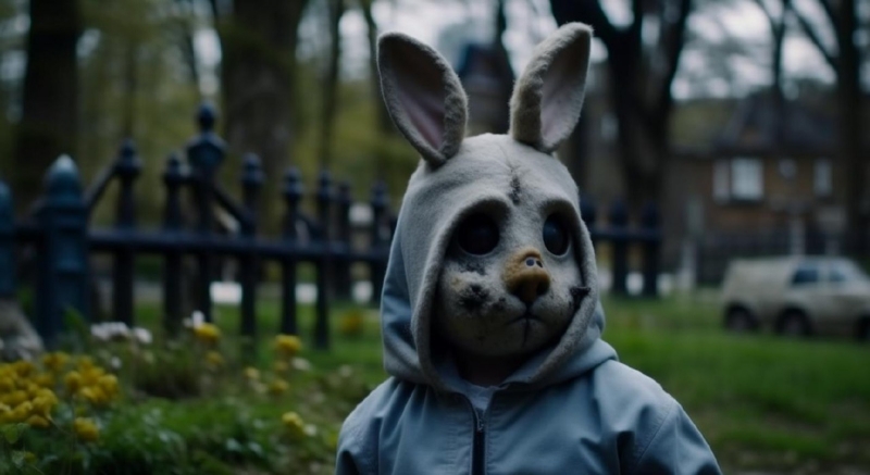 Ребенок в маске кролика на кладбище домашних животных