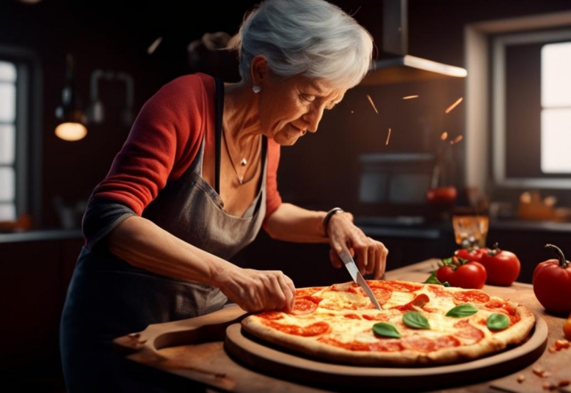 Женщина режет пиццу