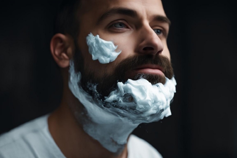 мужчина бреет бороду с пеной для бритья