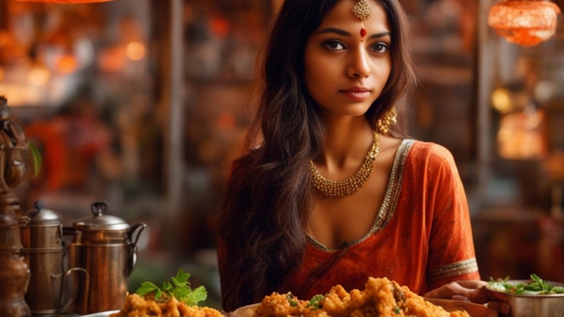 Женщина в национальной одежде с индийской едой