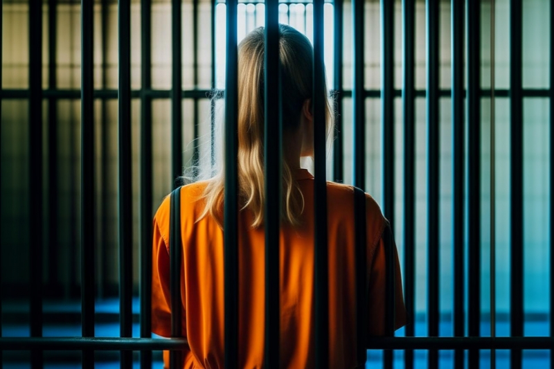 Преступница в тюремной робе за решеткой