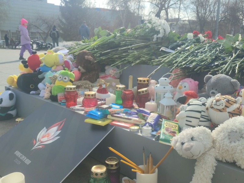 За сутки стихийный мемориал заполнился цветами и игрушками