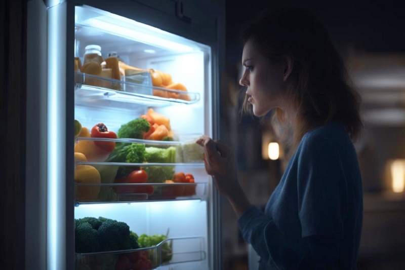 Женщина ищет продукты в холодильнике ночью