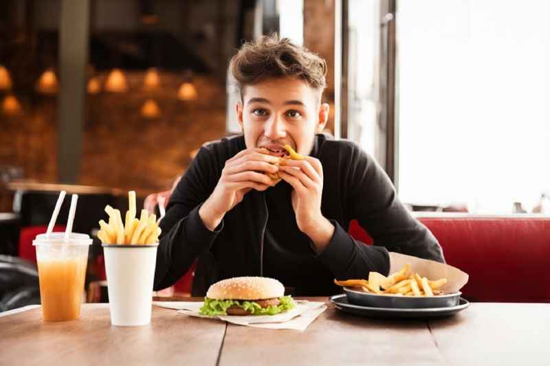 молодой человек ест бургер и картошку фри в кафе