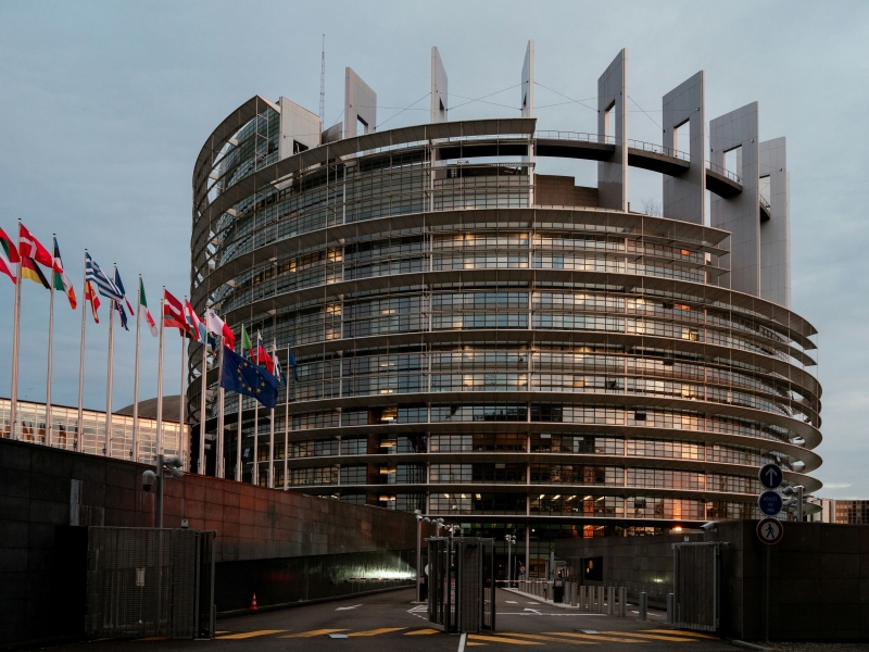 Флаги европейских стран на фоне административного здания