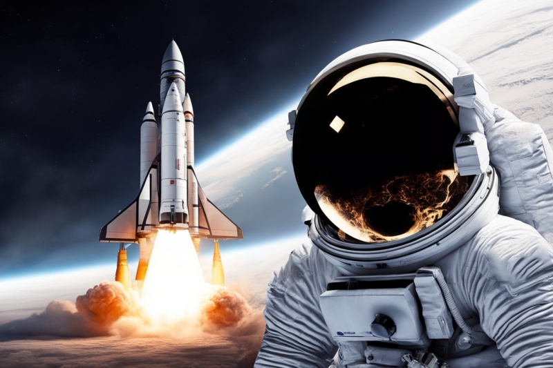 Космонавт на фоне взлетающей ракеты