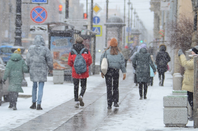 Люди гуляют по улице во время снегопада