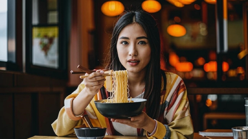 Девушка ест азиатскую лапшу
