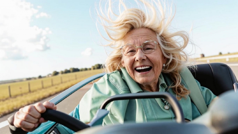 Веселая старушка за рулем автомобиля