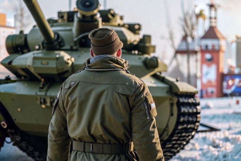 Военнослужащий перед танком