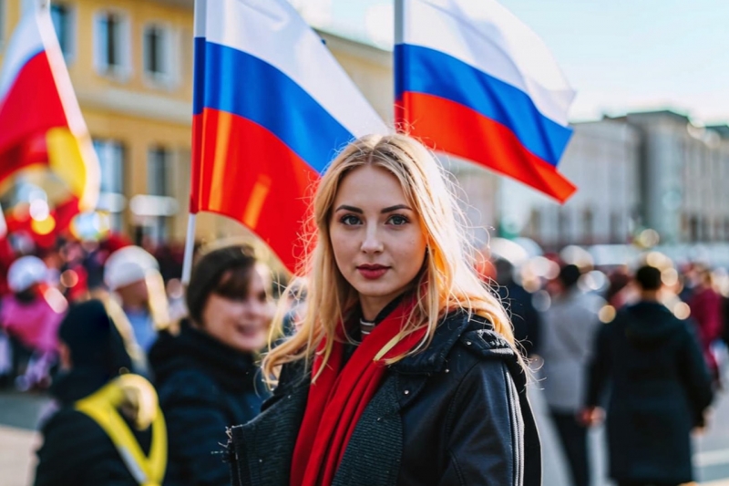 девушка с флагом РФ