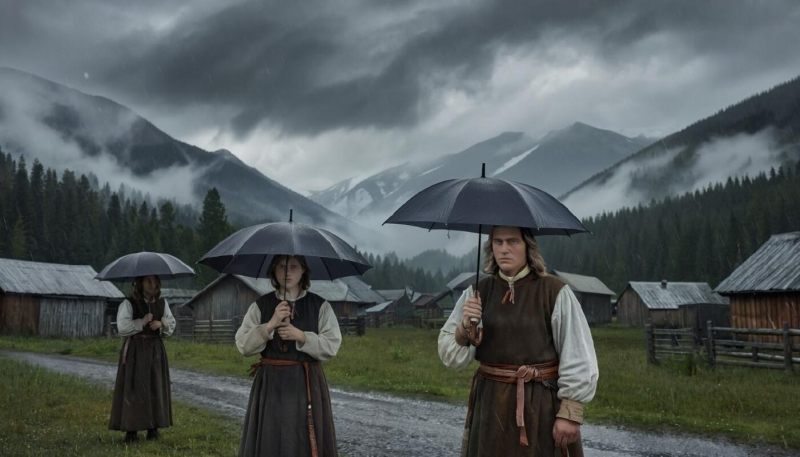 Люди под дождем в горах