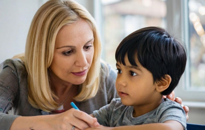 Учитель принимает экзамен у ребенка мигранта