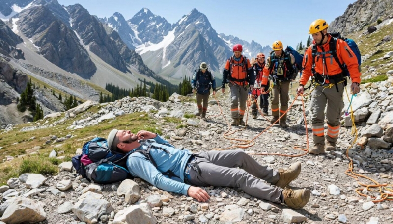 Русский турист лежит в горах со сломанными ногами