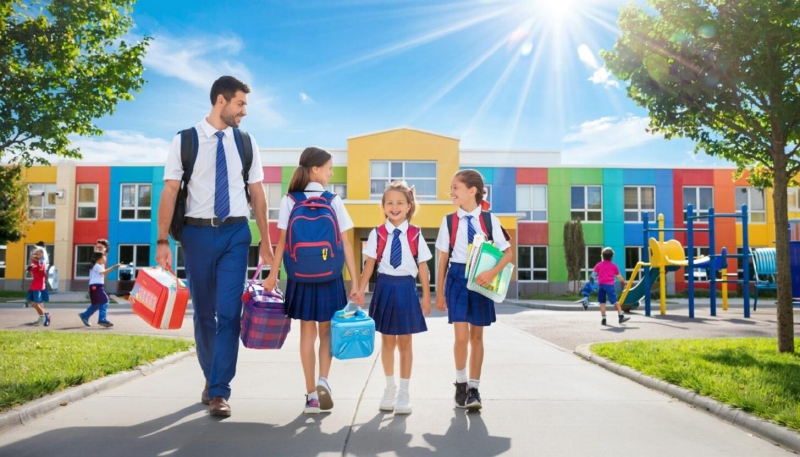 Родитель ведет ребенка в школу